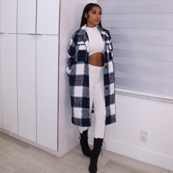 Checkered Coat Women Autumn Winter Clothing 2022 Single Breasted Long Flannel Plaid Jacket